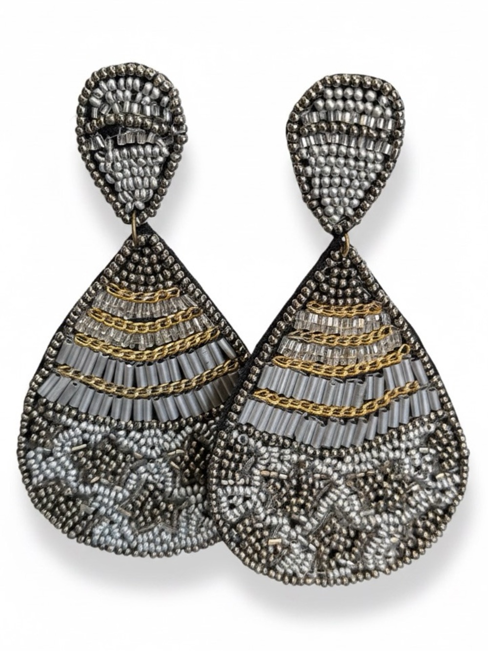 Beaded Teardrop Earrings in Gray and Gold